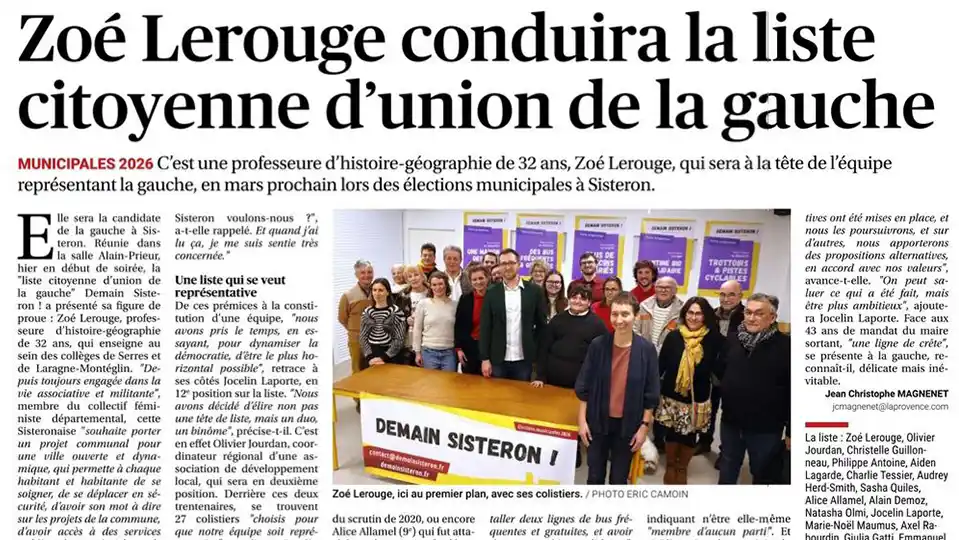 Zoé Lerouge conduira la liste citoyenne d&rsquo;union de la gauche à Sisteron