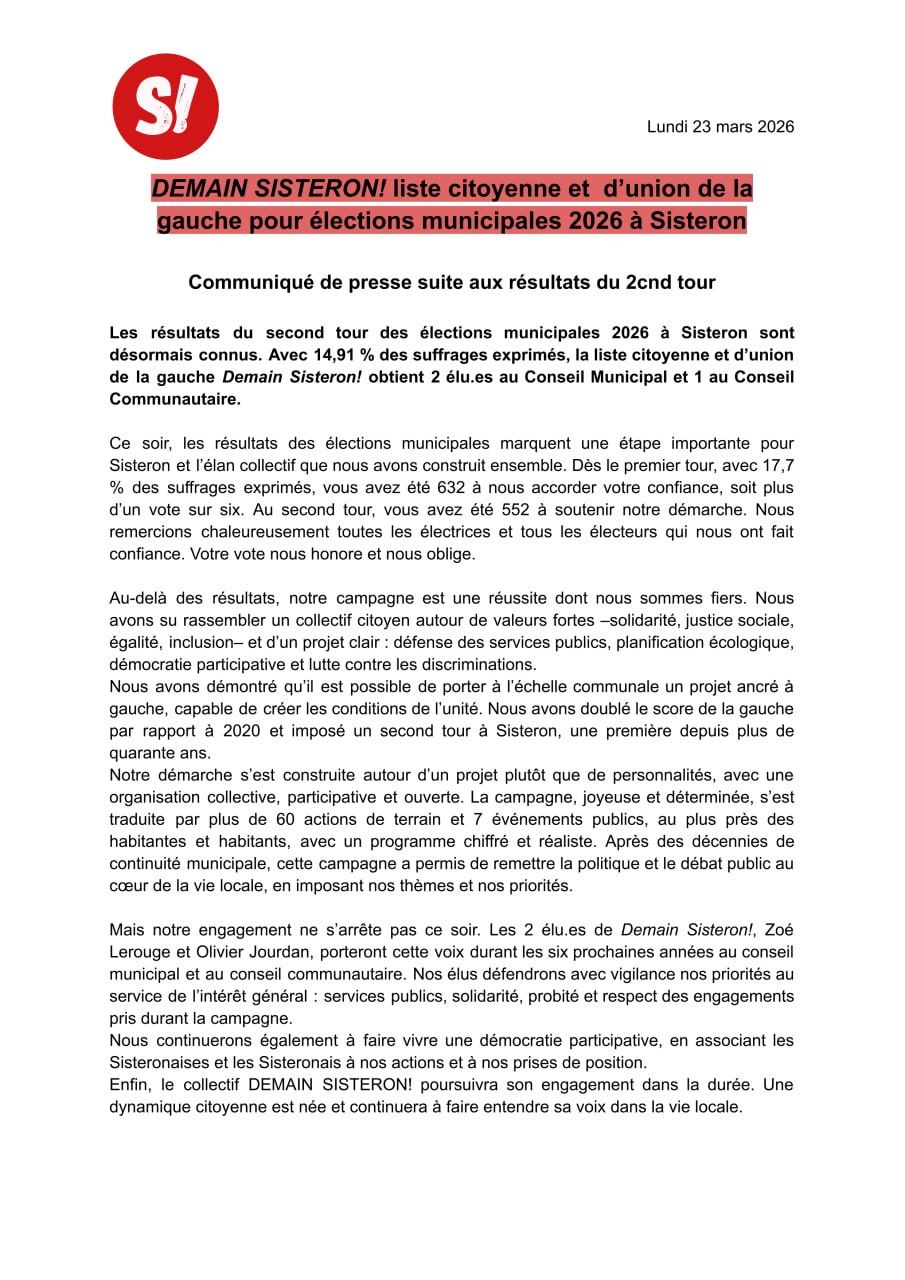 260323 Communiqué suite aux résultats du 2e tour des élections municipales 2026 à Sisteron